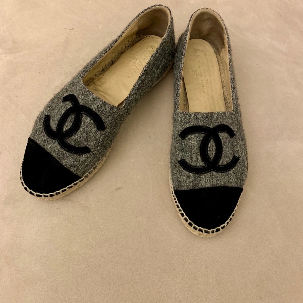 Gray/black tweed and velvet Chanel espadrilles.